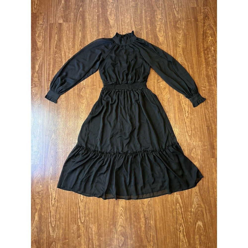 By the River Midi Dress Black Smock Waist Button Front Near & Sheer Mock Neck
